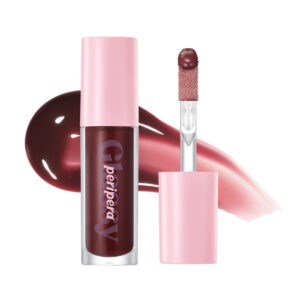 Peripera Ink Glasting Lip Gloss in dunklem Rot, ohne Kleben, mit Applikator.