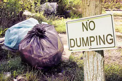 A photo of trash bags next to a "No Dumping" sign on a grassy area.