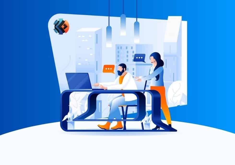 Desain ilustrasi tim layanan pelanggan di kantor modern berbasis digital Indonesia.