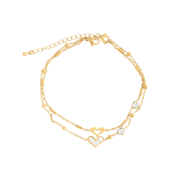 An 18K Gold-Plated Heart Mother Of Pearl Anklet With A Delicate Chain, On A White Background By Keira K Jewellery.