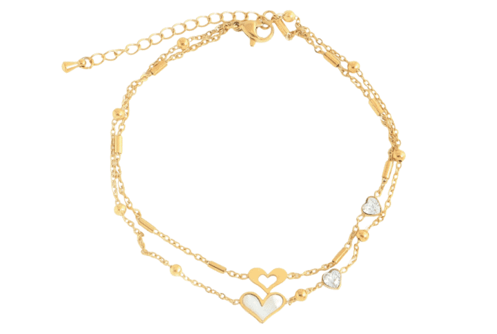 An 18K Gold-Plated Heart Mother Of Pearl Anklet With A Delicate Chain, On A White Background By Keira K Jewellery.