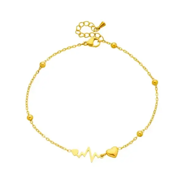 Women'S Anklet With Heart And Sweet Ecg Design, 18K Gold Plated