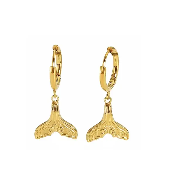 18K Gold Plated Stainless Steel Drop Earrings With Fish Tail Design And Zircon Inlays