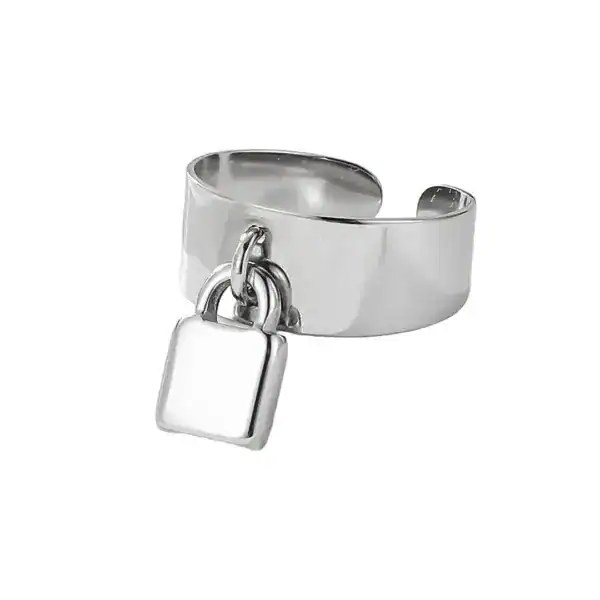 Simple Style Silver-Tone Stainless Steel Rings With Lock Charm