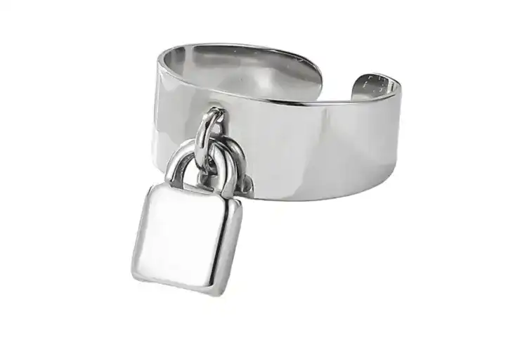 Simple Style Silver-Tone Stainless Steel Rings With Lock Charm