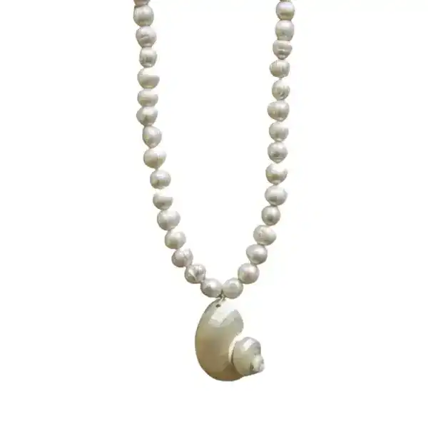 Handmade Seashell Pendant Necklace With Titanium Steel Beads And Large Freshwater Pearl