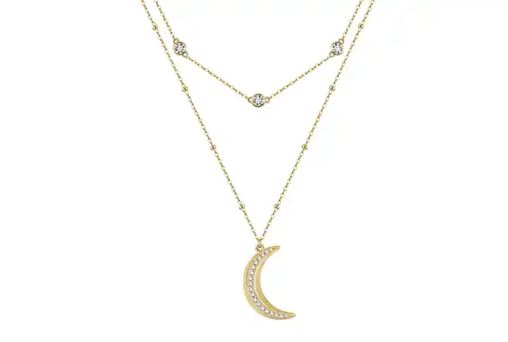 Crystal Moon Double Layered Yellow Gold Necklace. A Crescent-Moon Pendant Adorned With Tiny Moissanite Gemstones, Crafted In 18K Yellow Gold-Filled.