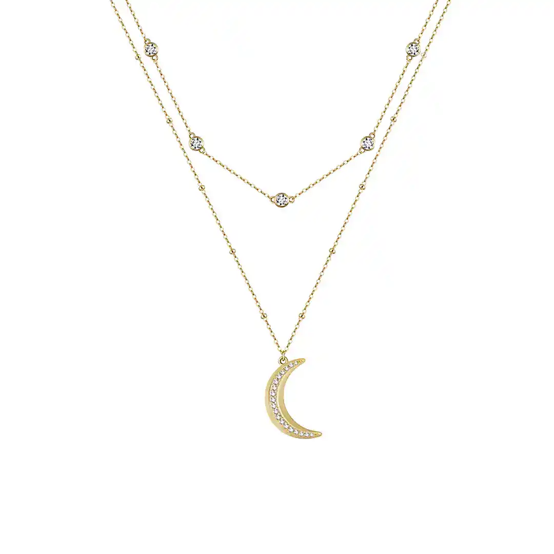 Crystal Moon Double Layered Yellow Gold Necklace