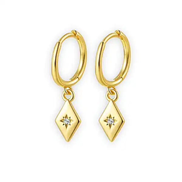 Stellar Diamond Drop Earrings Are White &Amp; Yellow Gold-Filled Rhombus-Shaped Drop Earrings Featuring A Small Moissanite Gemstone Set In A Star Design With A Delicate, Timeless Design.