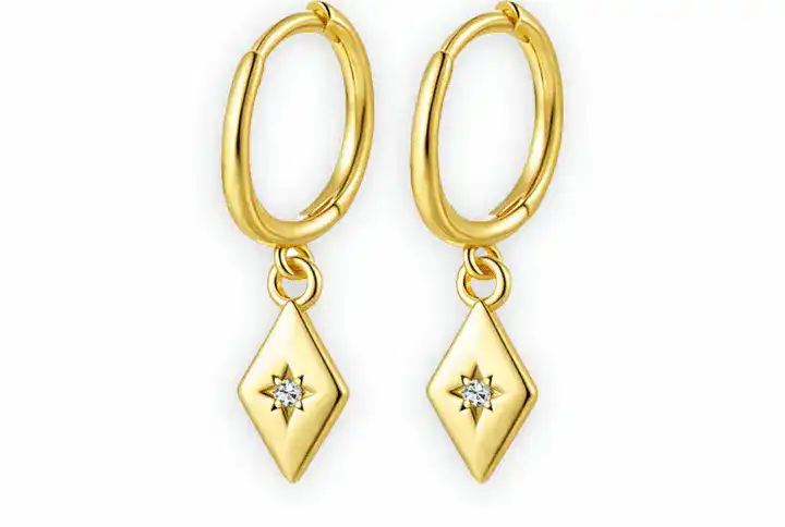 Stellar Diamond Drop Earrings Are White &Amp; Yellow Gold-Filled Rhombus-Shaped Drop Earrings Featuring A Small Moissanite Gemstone Set In A Star Design With A Delicate, Timeless Design.