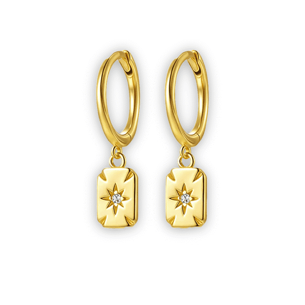 Geo Mosaic Yellow Gold-Filled Square Drop Earrings Featuring A Small Moissanite Gemstone Set In A Star, A Delicate, Timeless Design.