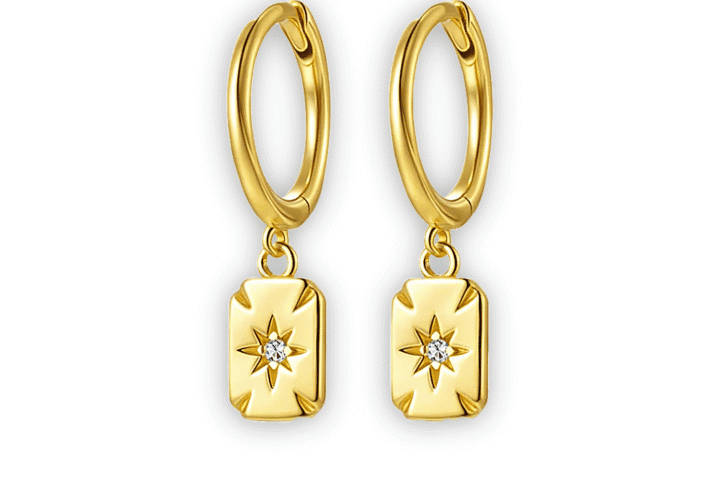 Geo Mosaic Yellow Gold-Filled Square Drop Earrings Featuring A Small Moissanite Gemstone Set In A Star, A Delicate, Timeless Design.