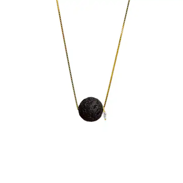 Nyx Whisper Necklace With A Black Lava Rock Pebble And Moissanite Accent On A Fine 18K Gold Filled Chain