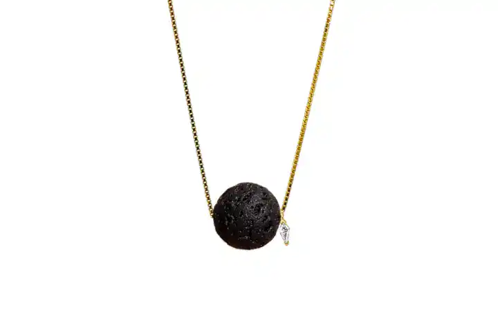 Nyx Whisper Necklace With A Black Lava Rock Pebble And Moissanite Accent On A Fine 18K Gold Filled Chain