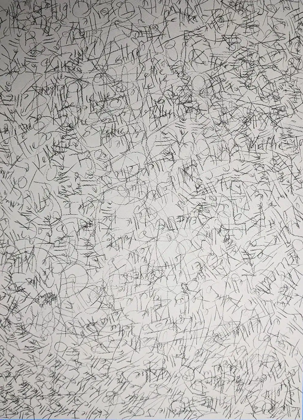 The artist's name, Kellie Jo Close, written in charcoal pencil in several directions repeatedly until it is almost unrecognizable.