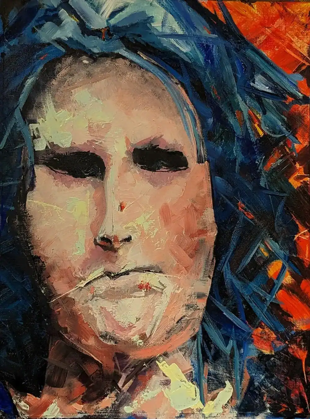 Shows "Disturbed", an emotional art portrait of a woman who is upset. Her eyes are black, lips pursed, hair blue and background orange.