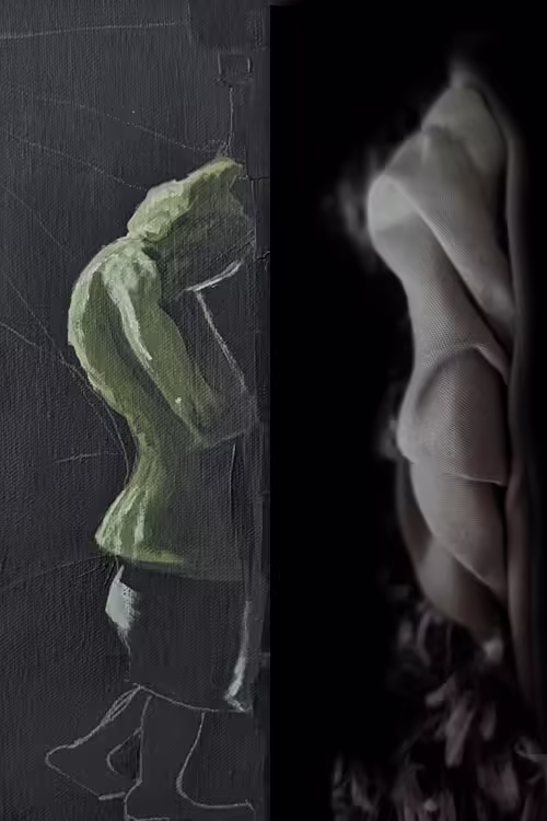 Comparison of in-process painting of a hooded man leaning face first onto a wall and the inspiration photo.