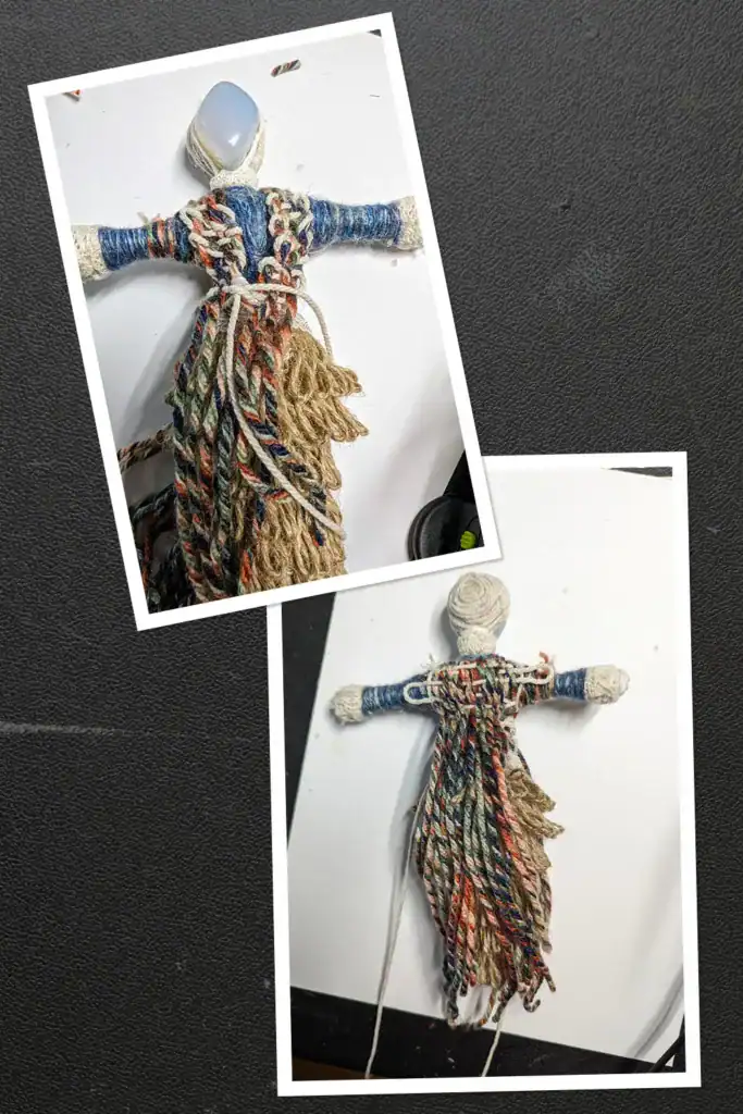 Collage showing the front and back weaving details of Roberta, the Angels Unawares, Moonstone Art Doll
