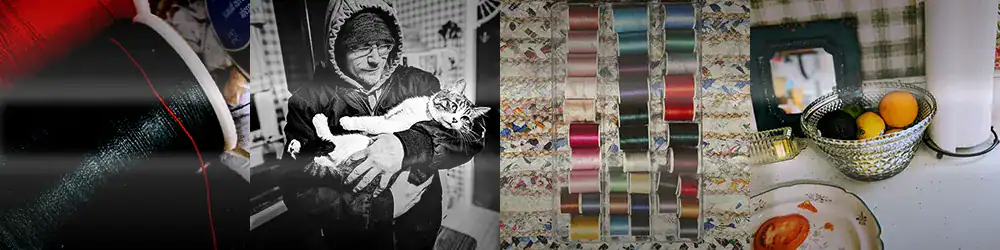 Clickable collage of photographs by Kellie Jo Close: thread, man with a cat, threads in a container, kitchen counter with fruit, avocado and tomato