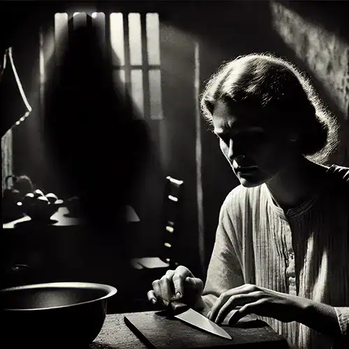 A woman in a dimly lit room, with a looming shadow of bipolar depression beside her, holds a butcher knife contemplatively. This is AI art slightly modified by admin.