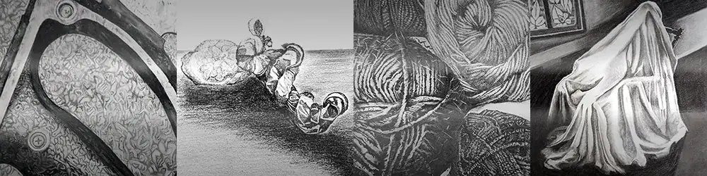 Clickable collage of drawings by Kellie Jo Close: hacksaw, hanky, yarn, man under a sheet