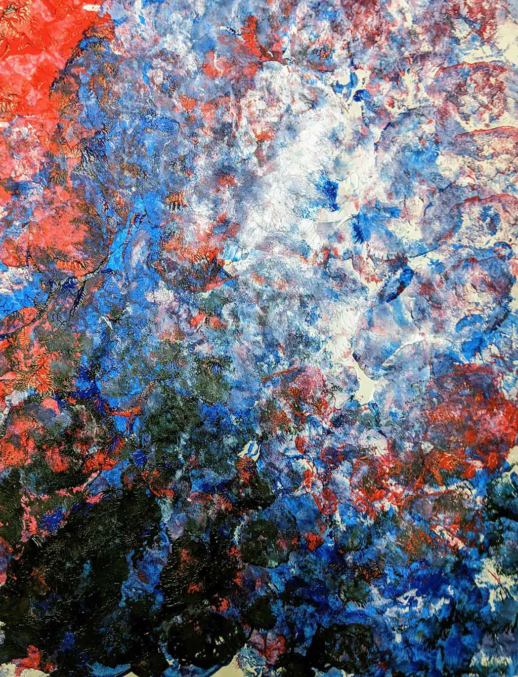 Abstract painting titled "Remembering 1812" with dynamic shades of blue, red, and black, featuring textured and layered segments that create a visually captivating and emotionally charged composition.
