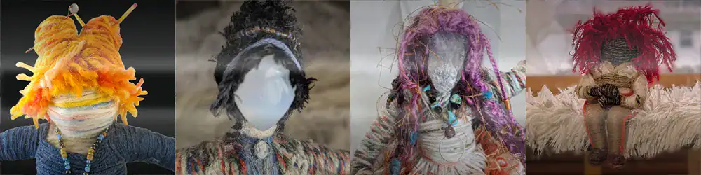 Clickable collage of art dolls by Kellie Jo Close: Butterfly, Roberta, Hollie, Silma