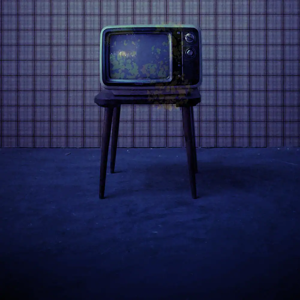 The experience of hearing voices represented in an image of a small, old-style television sitting on a small table in a dated, darkish room.