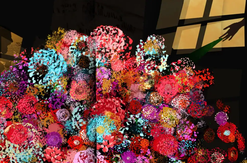 a digital image that hints at an open book and presents colorful flowers in the foreground. In the background, you see a hand tossing the flowers out the window on the right, and on the left you can make out a man yelling. This is a story from my life with domestic violence and what happens when he couldn't have me anymore.