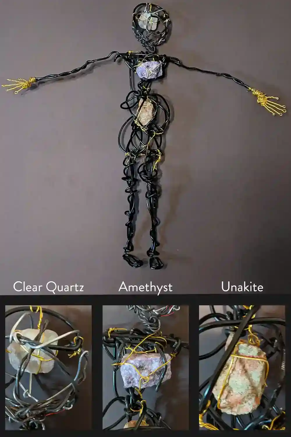 Armature of Ella the forest spirit art doll showing clear quartz, amethyst, and unakite wired into her body frame, symbolizing clarity, intuition, and healing (among other gifts).
