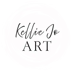 Kellie Jo Art logo, Black letters inside a white swirl.