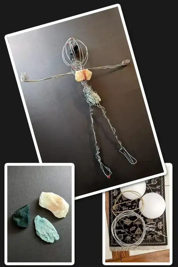 A collage showing the creation of Leela the health and wellness art doll, featuring her wire armature, styrofoam body parts, and the gemstones bloodstone, orange calcite, and amazonite.