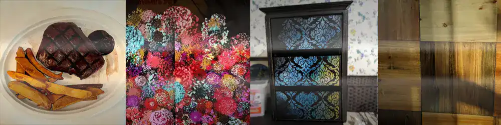 Clickable collage of miscellaneous art by Kellie Jo Close: Steak Dinner, Digital Flowers, Stenciled Drawers, Headboard
