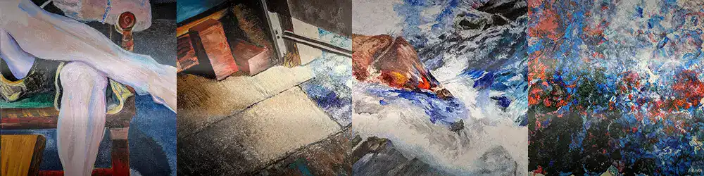 Clickable collage of paintings by Kellie Jo Close: Distracted, Two Bricks and an Odd Stone, Little Falls, War