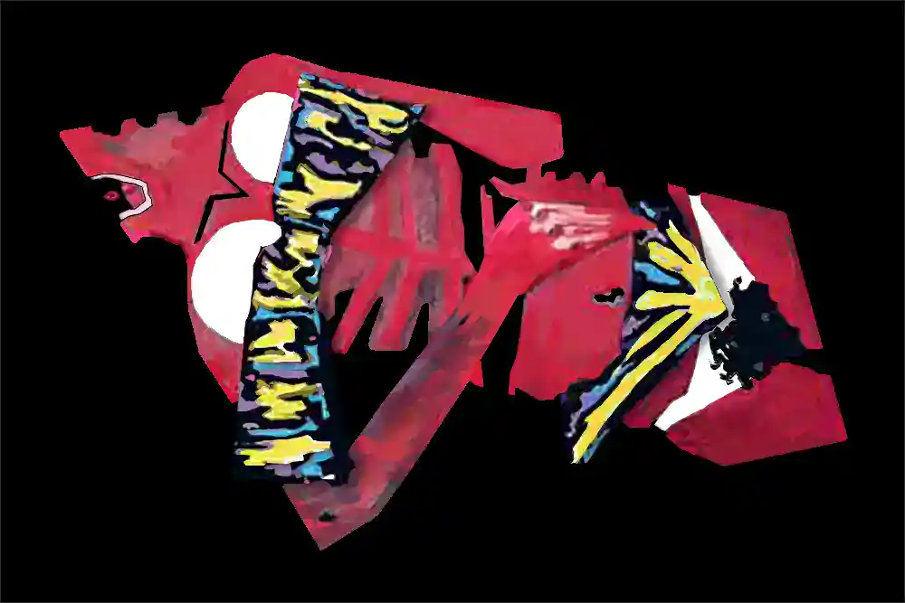 Composition of broken, burnt woman with her swimsuit lifted revealing bright white skin underneath. Has bold red, yellow, and black elements on a dark background, symbolizing emotional intensity and subconscious exploration.