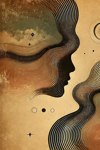 Abstract faces in profile with flowing patterns, representing introspection and the healing process in shadow work.