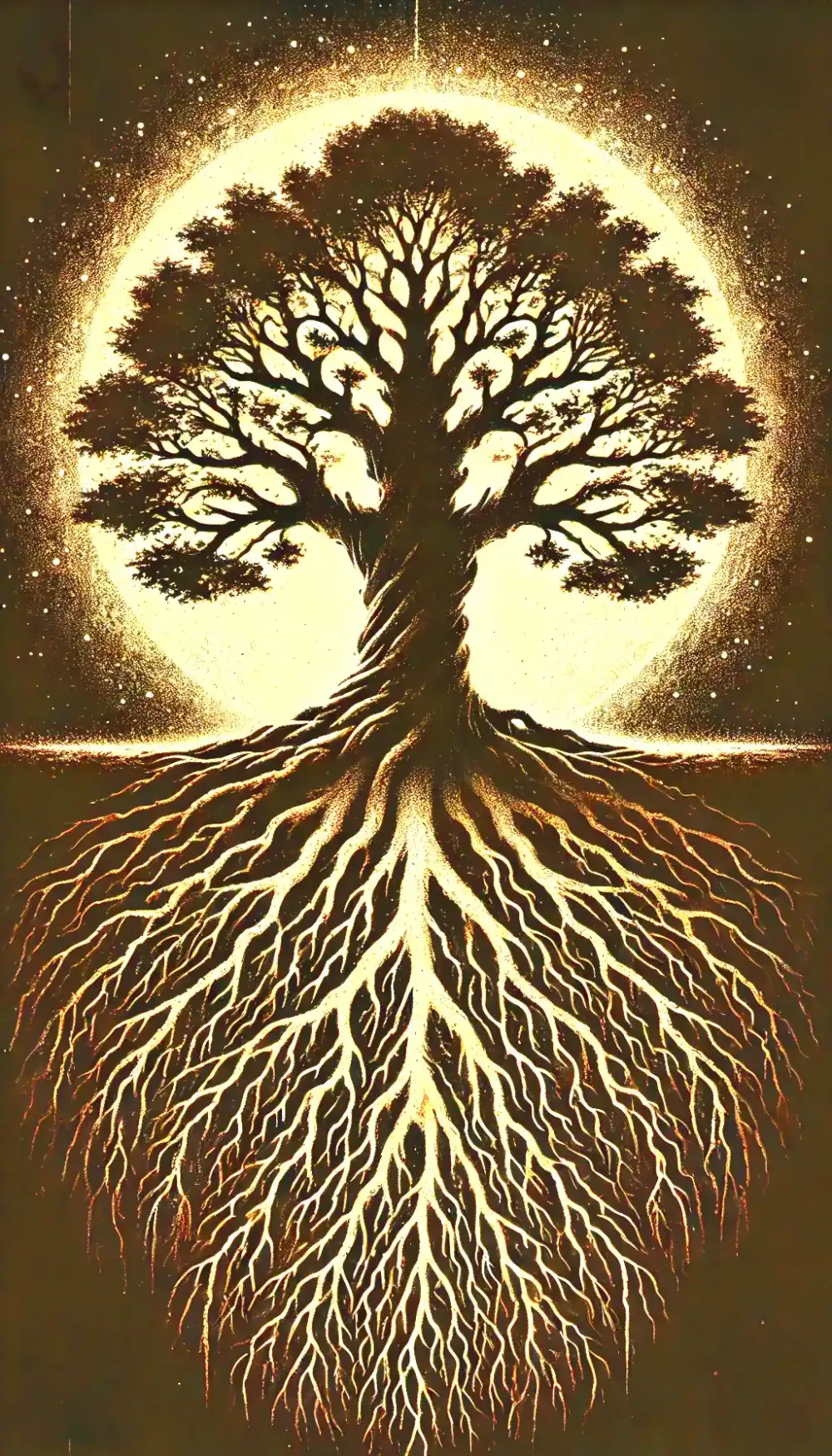 AI-generated Tree of Life with expansive branches and deep roots, symbolizing personal growth, connection, and shadow integration.