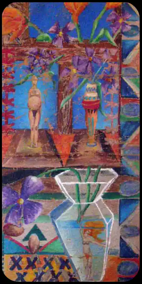 A vibrant abstract painting featuring human figures, vases, and flowers, symbolizing the exploration of the subconscious through art.