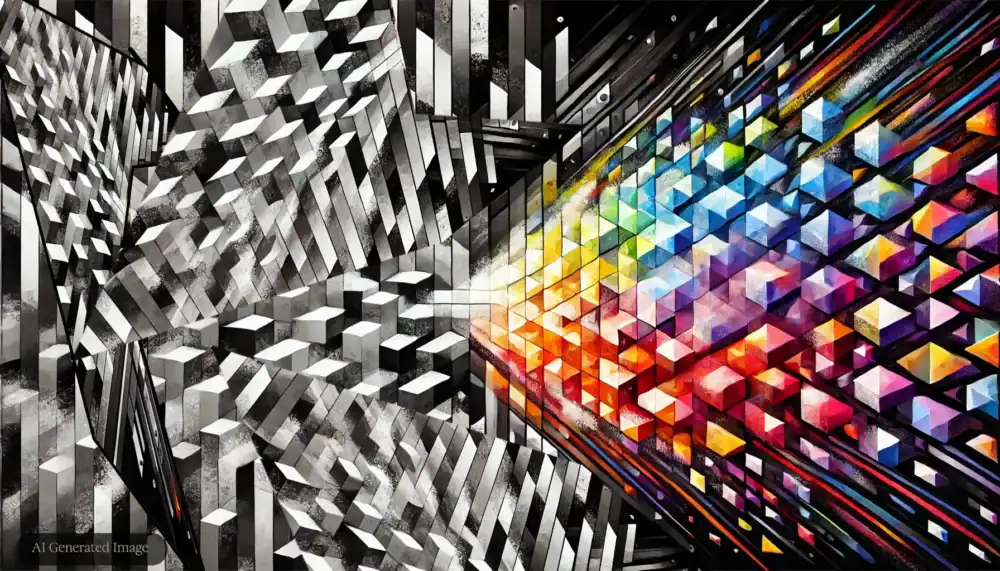 An AI-generated abstract depiction of emotional healing with a transition from monochrome blocks to vibrant, colorful prisms symbolizing growth and transformation.