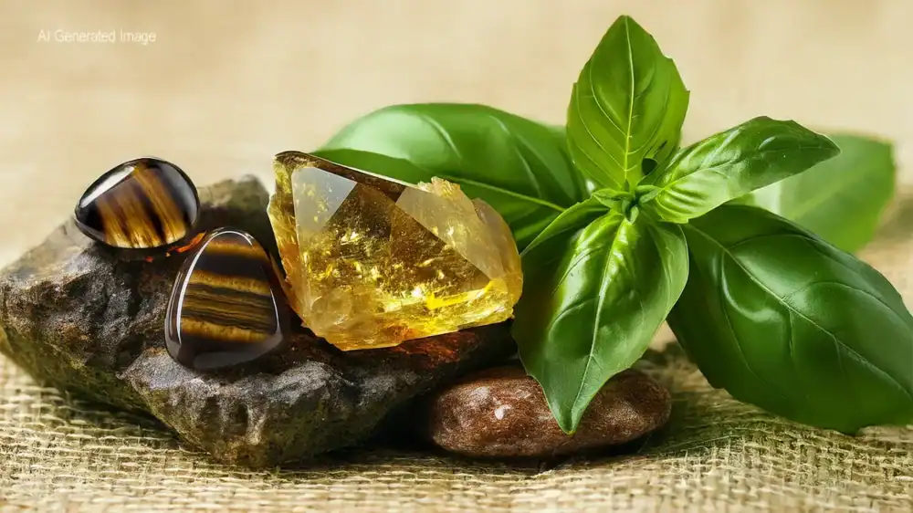 Representation of gemstones and herb to support healthy self-esteem. Image includes tiger's eye, citrine and basil arranged on rocks and burlap, AI generated image
