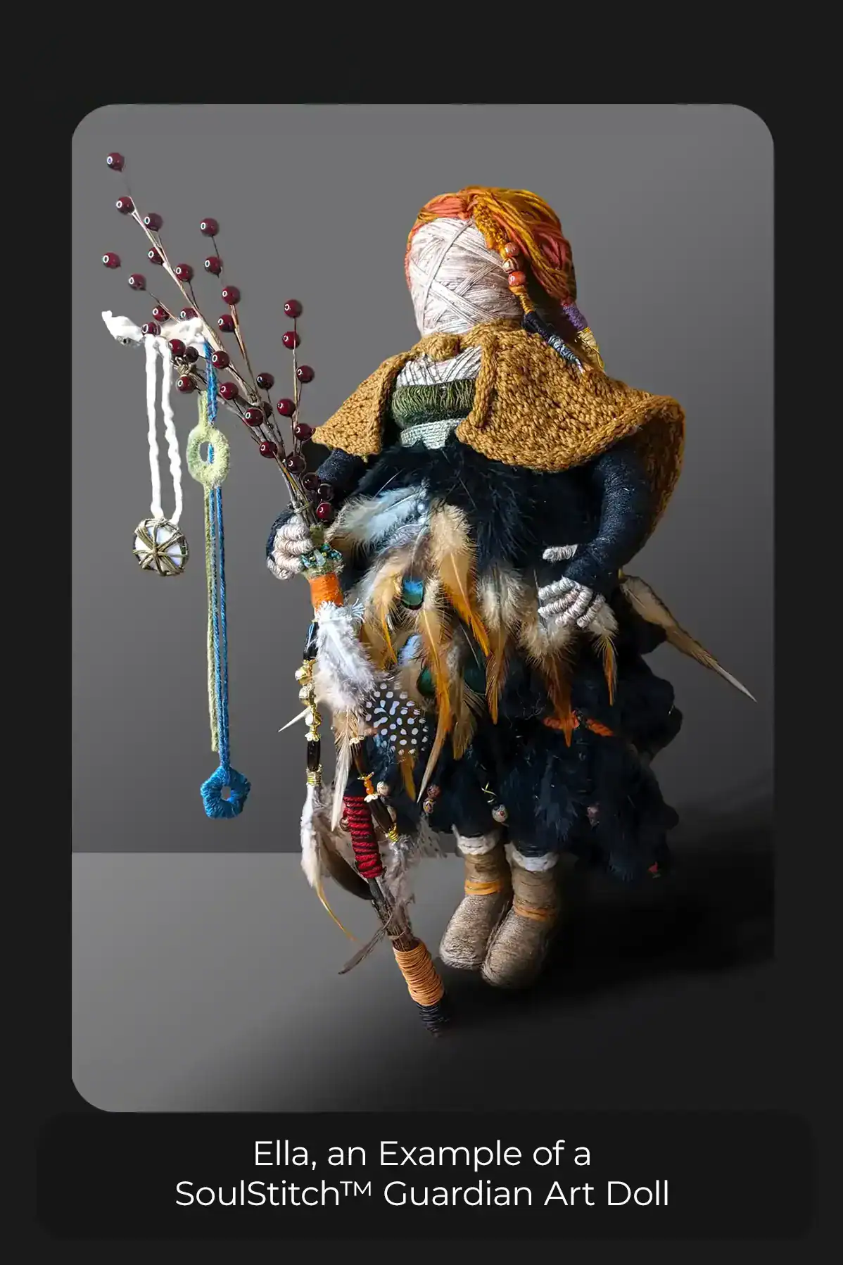 Ella is a forest spirit: She has three gemstones and carries a walking stick that some might say is a magic wand. She wears black and brown and has striking multi-colored hair in a herringbone braid.