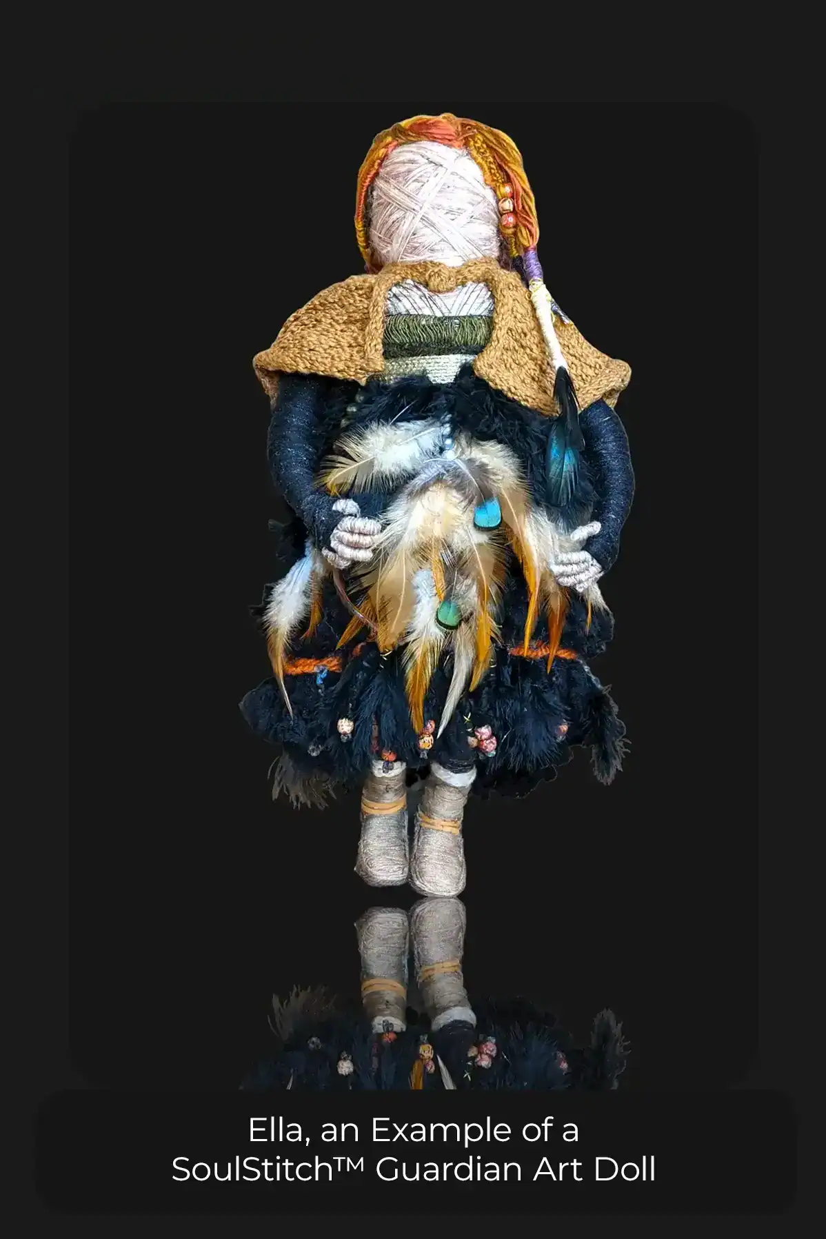 Front view of a SoulStitch™ Guardian art doll, appearing to walk into a mirrored surface lake. You can make out the asymmetrical dress hem. Zoom in for the details.