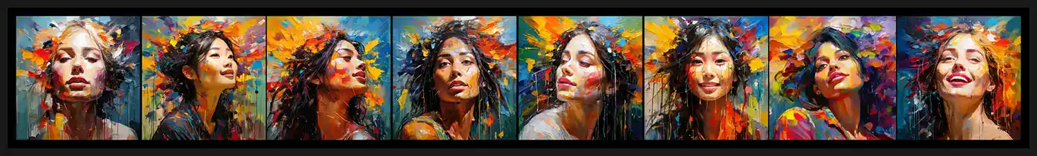 8 artistic portraits of women generated by AI