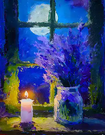 a candle and a vase of lavender in front of a window showing the night sky; ai generated.