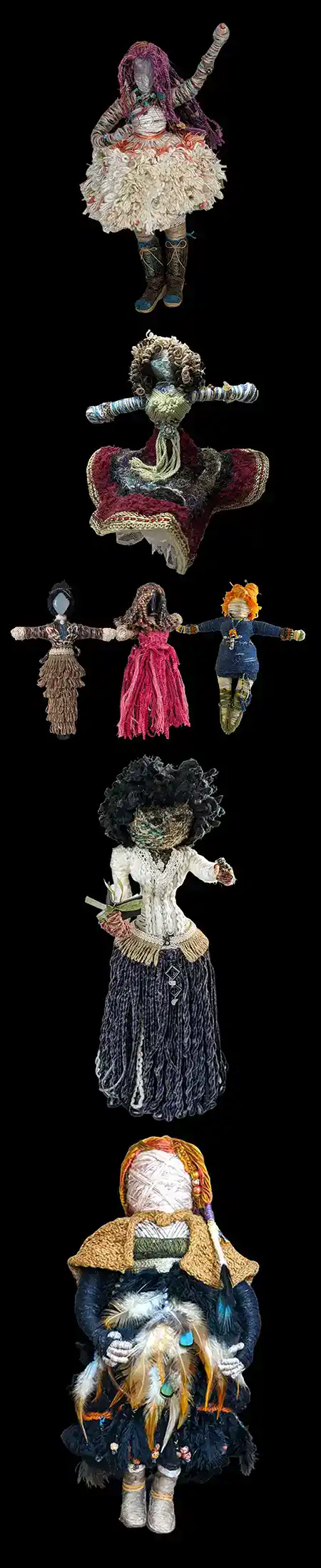 Handmade dolls, from You-Do-You Voodoo™ art dolls to SoulStitch art dolls. Varied sizes and colors with different gemstones and herbs for each doll.