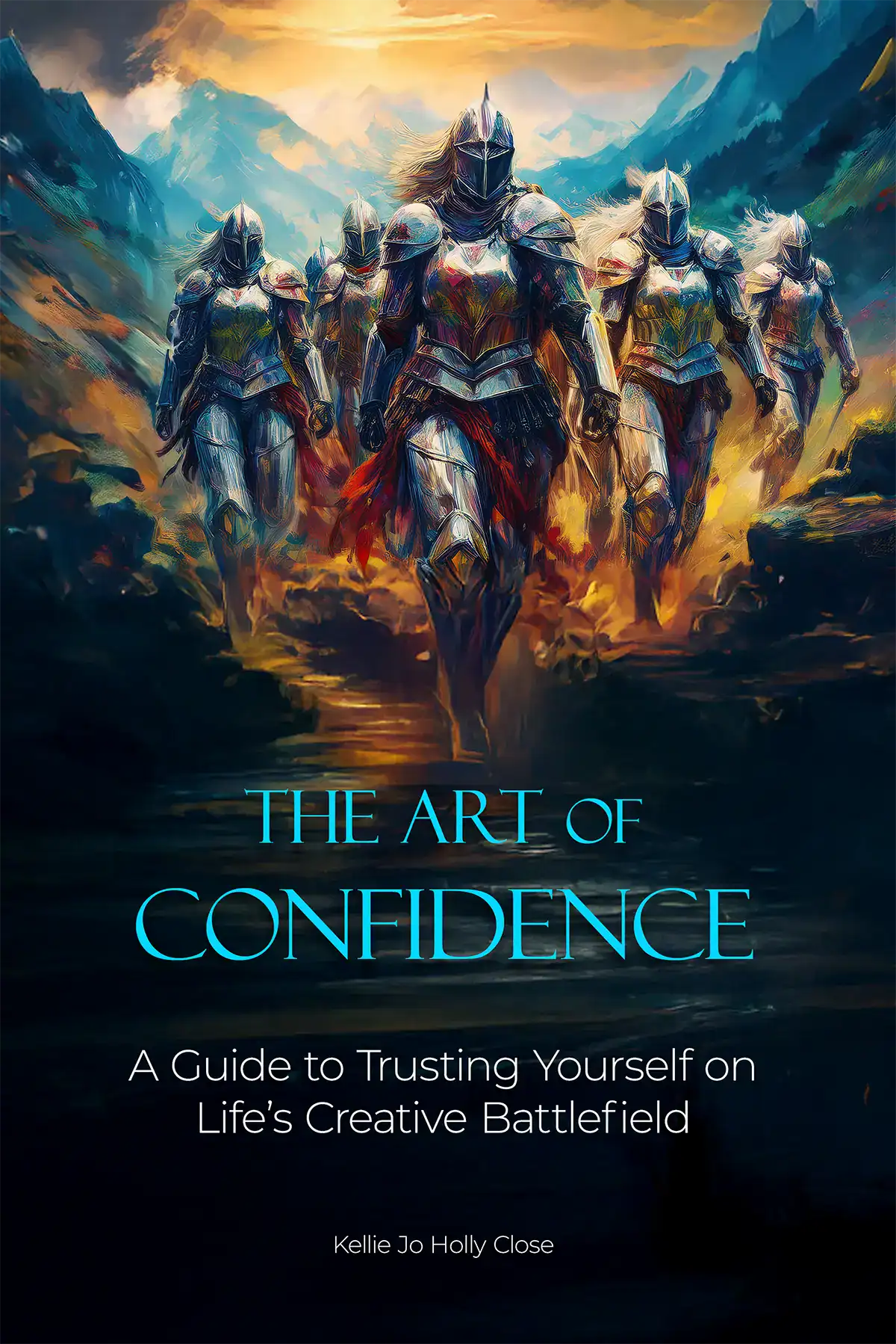 A group of female warriors in knight's armor enter a dark cave on a quest to pull out confidence from unusual places: their art. Below the image, "The Art of Confidence: A Guide to Trusting Yourself on Life's Creative Battlefield" by author Kellie Jo Holly Close