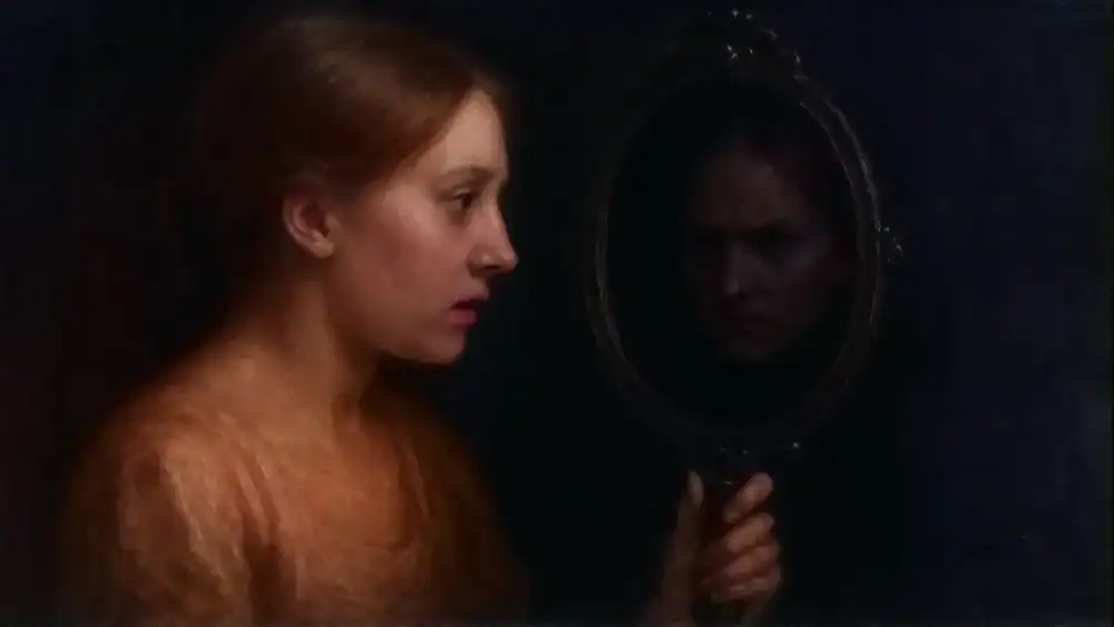The dark mirror isn't meant to show you the pretty things, and here, the young woman is surprised to see the angry face of jealousy staring back at her from the hand mirror. AI generated image, altered.