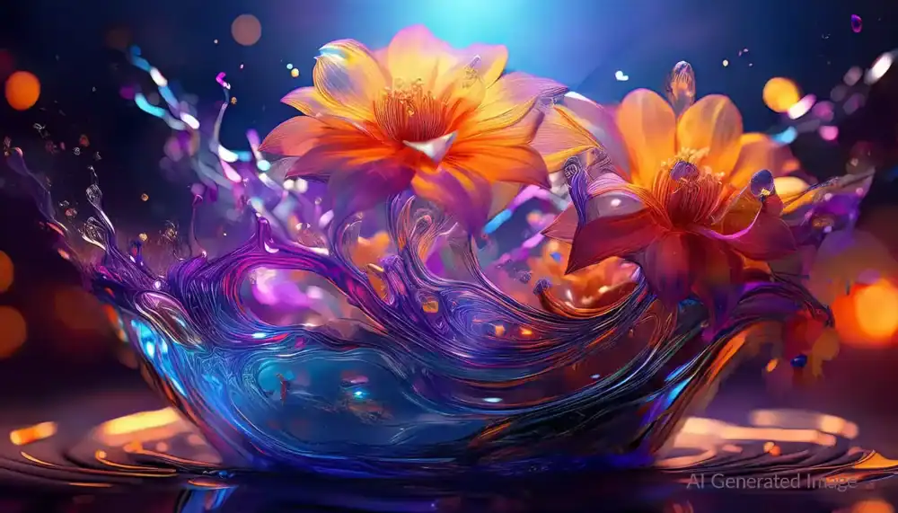 erotic energy splashing into a clear bowl and transforming into flowers