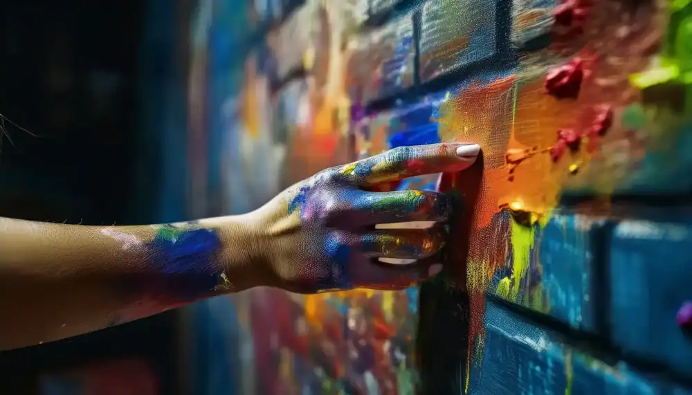 A woman's paint-covered hand draws an imaginary line across a wall painted in matching colors, an AI generated image that serves as the header for "Healing Through Art".