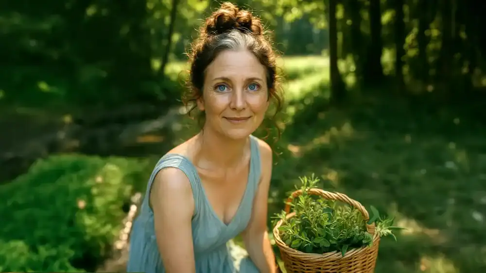 a woman resting in the forest, a basket of herbs beside her. someone is taking her picture and she's smiling. intended to be Bluelady Muse as a person